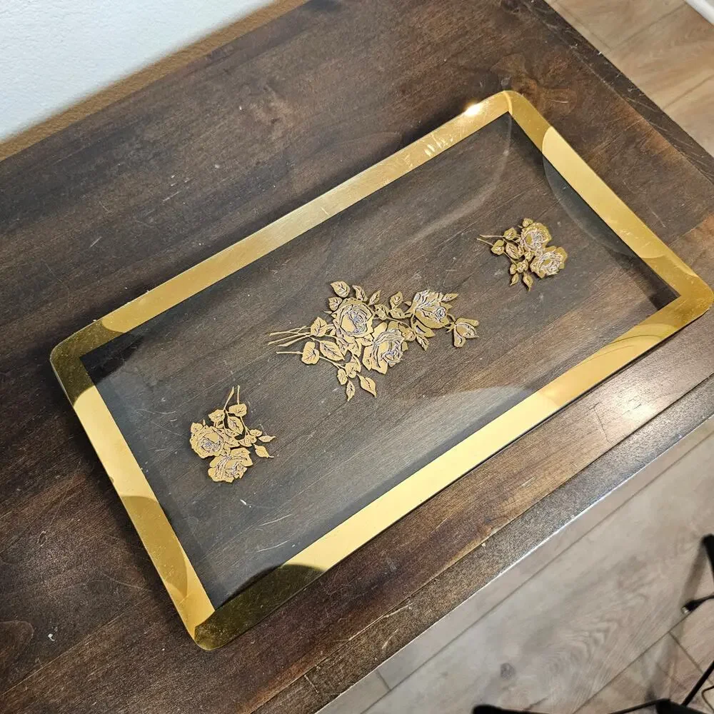 Glass Tray with Gold Trim and Raised Flowers